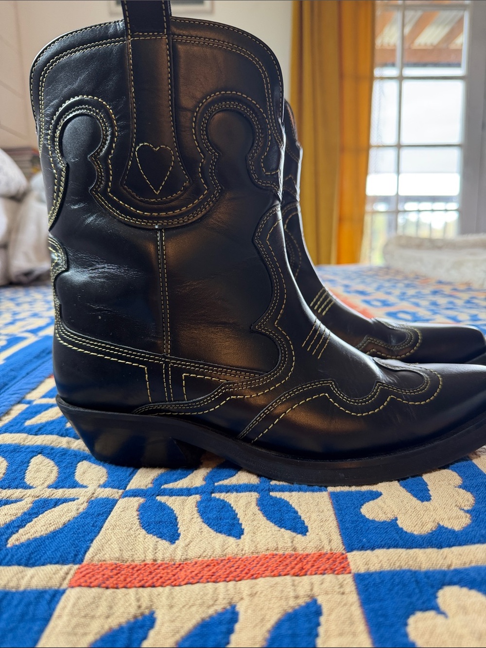 GANNI Black Western Leather Midi Boots - Women's